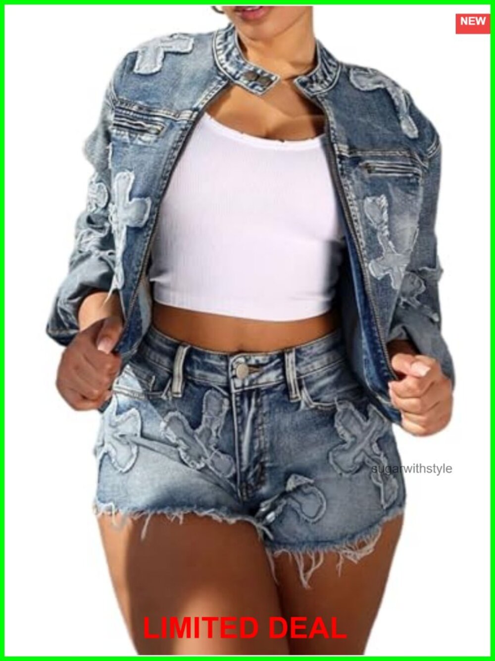 Women's 2 Piece Denim Outfit Zip Cropped Jacket Skinny Jean Shorts Set Y2K